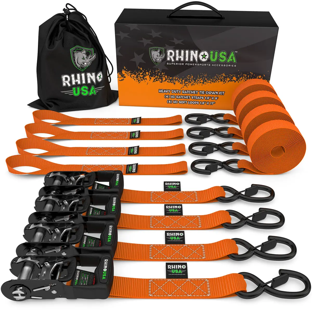 1.6" X 8' Rhino Usa Heavy Duty Ratchet Tie-Down 4-Pack (Orange) 1