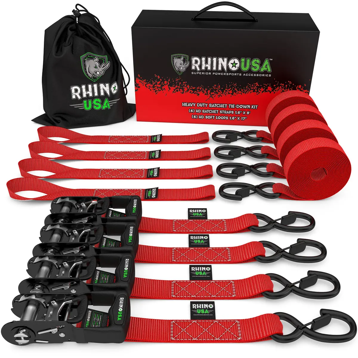 1.6" X 8' Rhino Usa Heavy Duty Ratchet Tie-Down 4-Pack (Red) 1