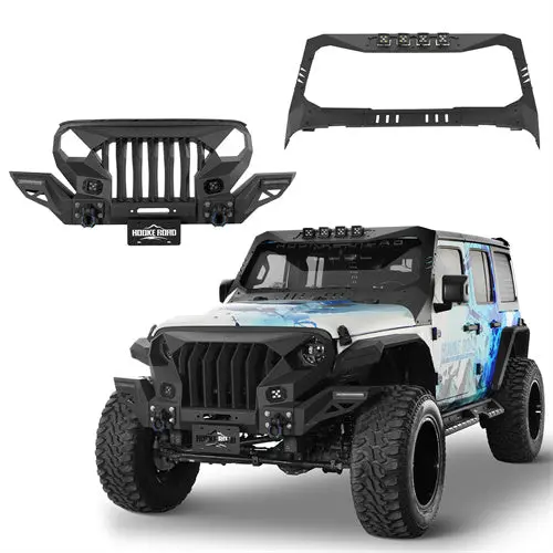 Hooke Road Mad Max Front Bumper W/Wings & Windshield Frame Cover(18-26 Jeep Wrangler Jl & Gladiator Jt(Excluding Wrangler 4Xe, Rubicon 392, Jt Mojave) 1