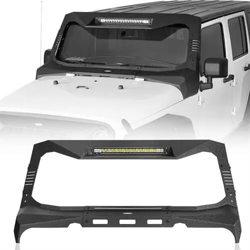 Madmax Windshield Frame Cover Visor/Cowl W/Light Bar For 2007-2018 Jeep Wrangler Jk - Hooke Road 1