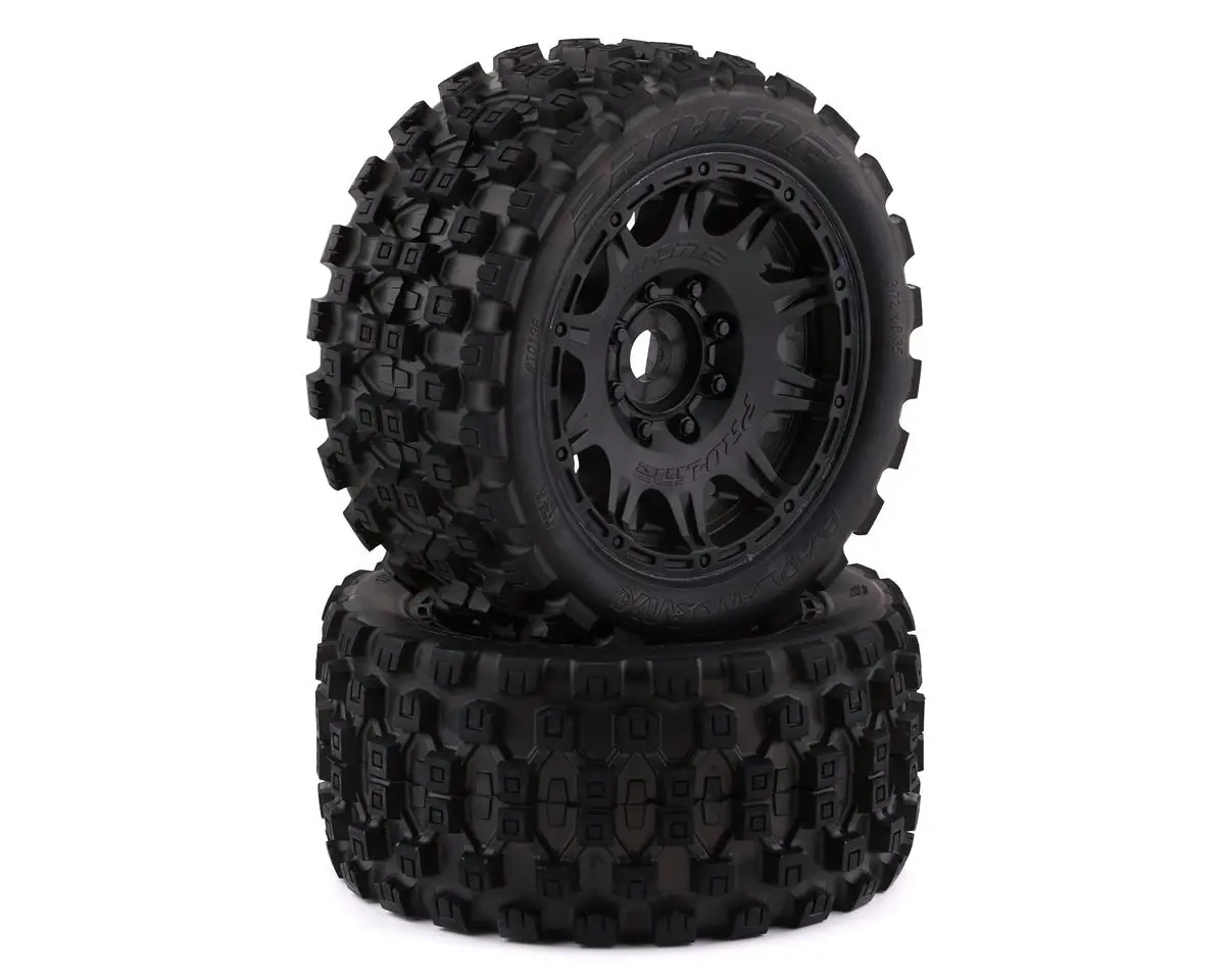 Badlands Mx57 5.7" Pre-Mounted 1/6 Monster Truck Tires (Black) (2) W/Raid Wheels 1